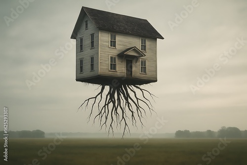 A lone house floating upside down above a calm field with roots hanging in the air – visual paradox. Generative AI