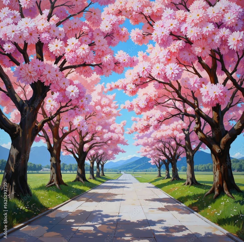 Naklejka premium A serene pathway lined with blooming cherry trees in full pink bloom, creating a picturesque and tranquil scene
