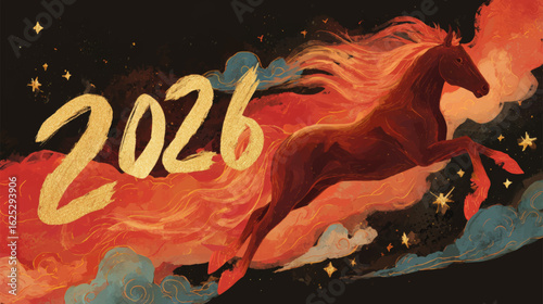 Chinese New Year 2026 Fire Horse Watercolor Vector with Red Starry Sky and Cloud Background