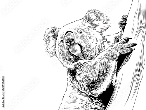 A detailed black and white sketch presents a curious koala perched gracefully on a tree branch, a captivating illustration of Australian wildlife.