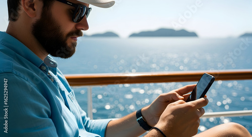Man using smartphone on luxury cruise ship enjoying ocean view summer vacation travel
