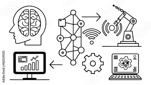 "Smart technology and artificial intelligence icons. Includes brain network, code algorithm, smart sensors, pattern analysis, machine learning, and connected devices. Vector illustration."