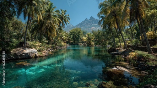 A vibrant tropical lake surrounded by palm trees scenic landscape with turquoise waters and distant volcanic mountains