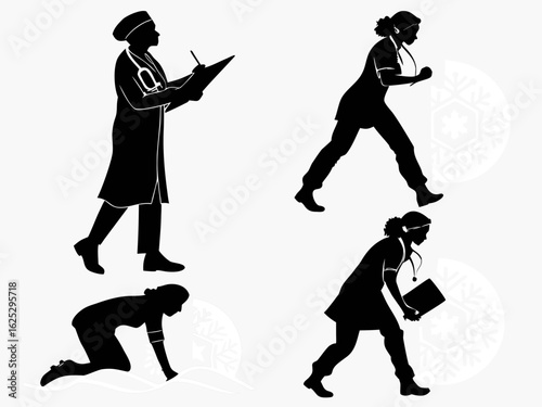 Healthcare Professionals in Action Doctor and Nurses Silhouette Style Vector Illustration