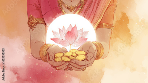 Diwali background with hands offering lotus and gold coins, Hindu goddess Lakshmi blessings concept