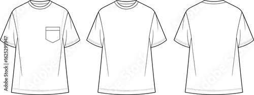 Technical T-shirt sketch, front and back views, round neck short sleeve design, chest pocket variant, apparel fashion mockup, clothing vector illustration template.
