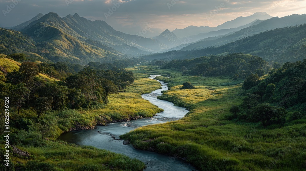 Fototapeta premium A serene river winds through a lush green valley scenic landscape with misty mountains in the distance golden sunrise