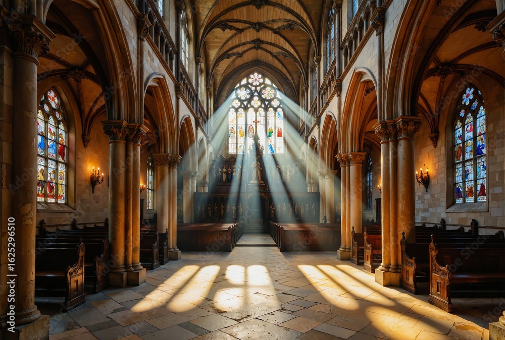 Fototapeta premium Sunlight streams through stained glass windows, casting a warm glow on the stone walls and pews of a grand cathedral 