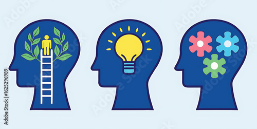 Three blue human head profiles with internal symbolic graphics illustration