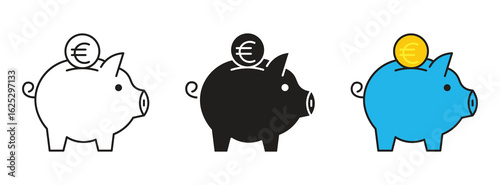 Piggy bank icon. Piggy bank with euro coin. Piggy bank saving money icon in different style. Vector illustration .