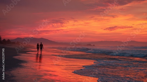 Romantic beach sunset couples walking along the shore the ocean shimmering in crimson and gold beautiful and warm