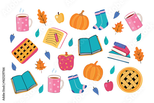 Autumn Cozy Collection: A delightful assortment of autumn-themed items, including pumpkins, books, cups of tea, socks, pie, and leaves, all arranged against a simple backdrop.