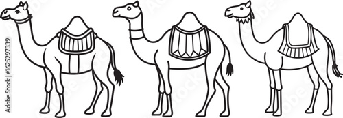 Simple outline drawing of a camel with a saddle