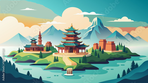 Serene asian landscape with pagodas and mountains
