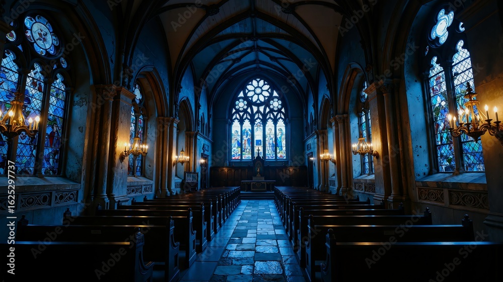 Fototapeta premium A serene cathedral interior bathed in soft light from stained glass windows and candle holders, showcasing gothic architecture with dark stone walls, wooden pews, and a central altar