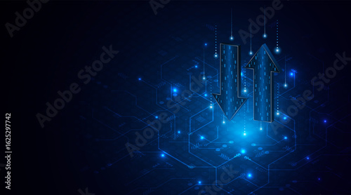 Abstract up and down arrows on dark blue background. The concept of digital traffic or exchange. Business growth or investment ideas. blue arrow technology background	