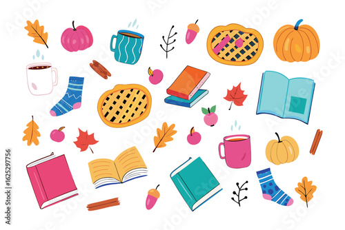 Autumn's Comforts: A vibrant illustration, showcasing fall favorites: pumpkins, books, mugs of warm drinks, pies, autumn leaves, socks.