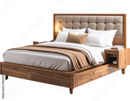 Queen-size bed with built-in storage, modern, transparent background 