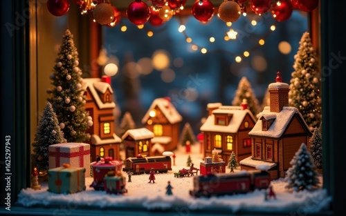 Enchanted Christmas Village Miniature: Warm, Festive, and Cozy Holiday Scene with Train, Gifts, and Snow.
