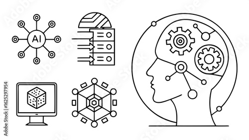 "Artificial Intelligence icons pack. Includes icons like pattern recognition, machine learning, deep learning, IoT, neural networks, and algorithms. Editable stroke, modern flat style vector."