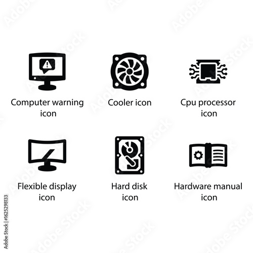 Computer warning, Cooler, Cpu processor, Flexible display, Hard disk, Hardware manual, icon