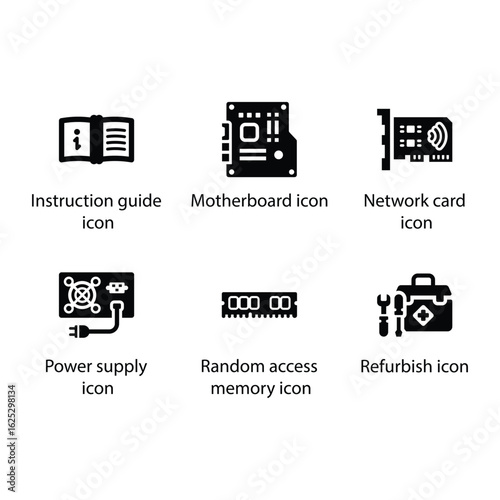 Instruction guide, Motherboard, Network card, Power supply, Random access memory, Refurbish, icon