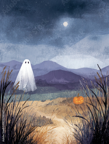 Stylized Halloween valley with glowing ghost and jack-o’-lantern under sparkling starry sky background