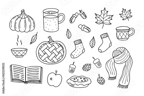 Autumn Delights: An artistic ensemble of autumnal elements, sketched with meticulous detail to evoke the warmth of the season. Includes pumpkins, pie, acorns, leaves and warm drinks