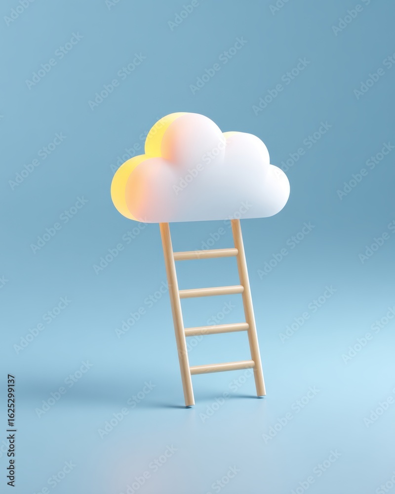 Ladder reaching cloud in minimalist blue background, concept of aspiration and dreams Ladder reaching cloud in minimalist blue background, concept of aspiration and dreams
