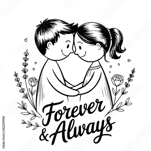Forever & Always: a captivating black-and-white illustration of a loving couple embracing each other, showcasing the timeless concept of Forever & Always with an artistic touch.