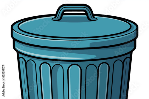 Close up of a blue metal trash can with a lid and handle