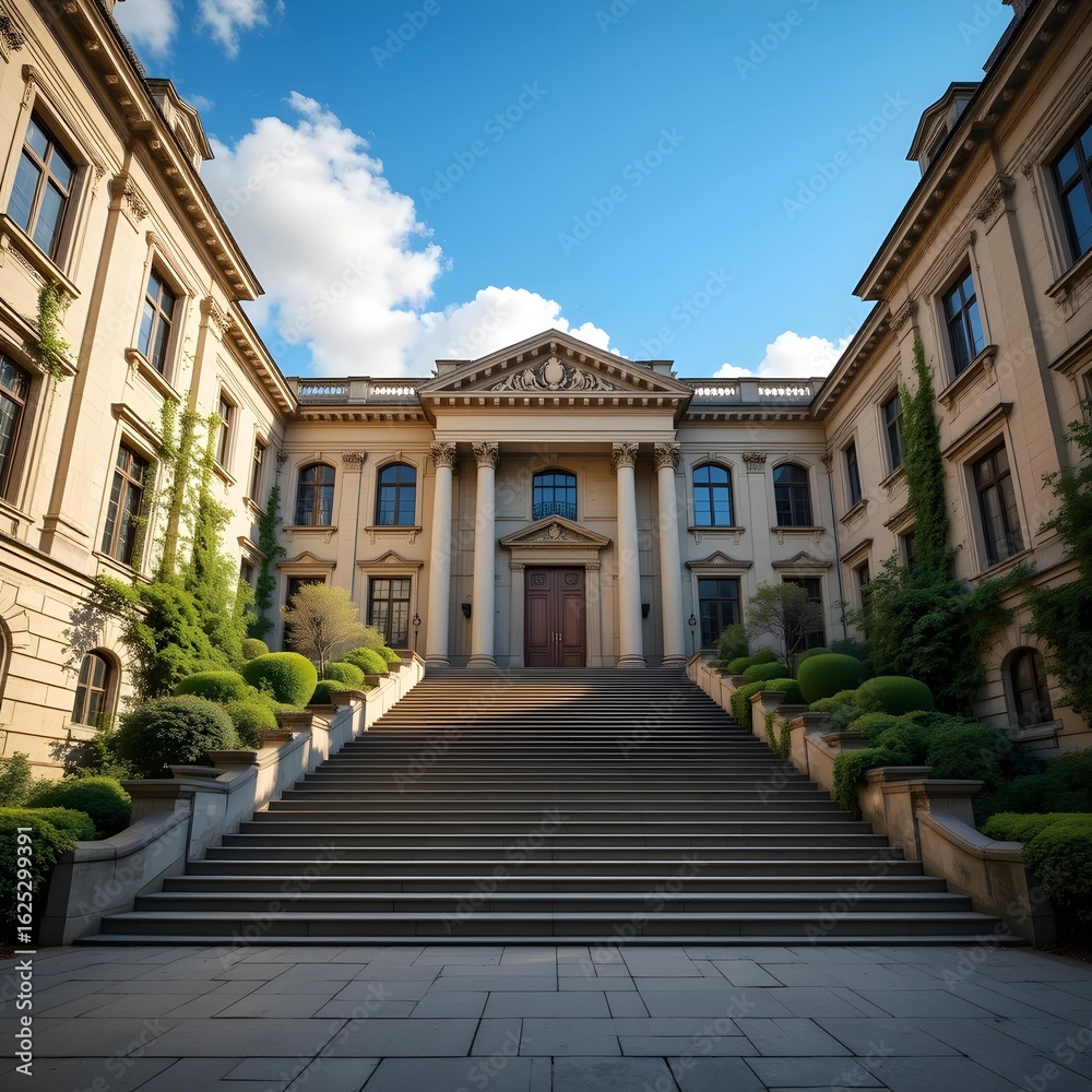 Obraz premium Grand Classical Architecture: Majestic Staircase and Symmetrical Building Facade Under a Blue Sky
