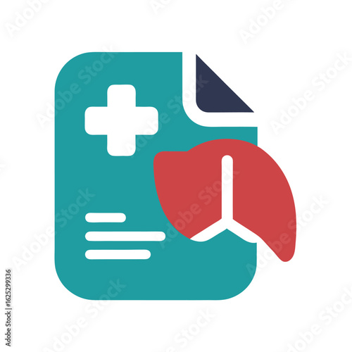 Teal document with white cross and red liver icon medical document