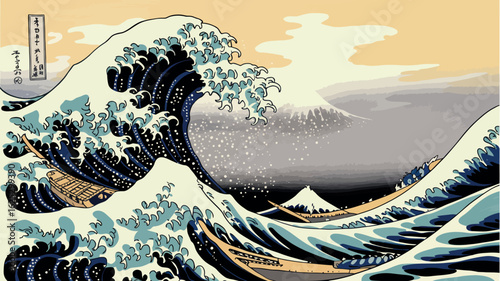 Iconic japanese great wave with mount fuji in the distance