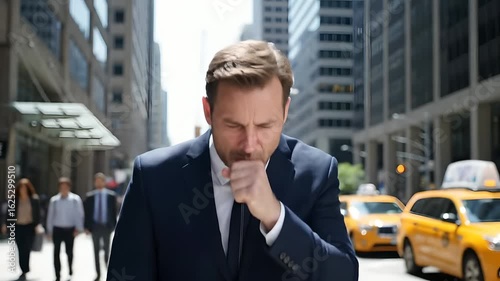 Wallpaper Mural Ill businessman coughing in urban city. Flu and cold symptom, illness, pandemic concern. Sickness spreads by travel in busy streets. Healthcare, virus, contamination concept. Torontodigital.ca