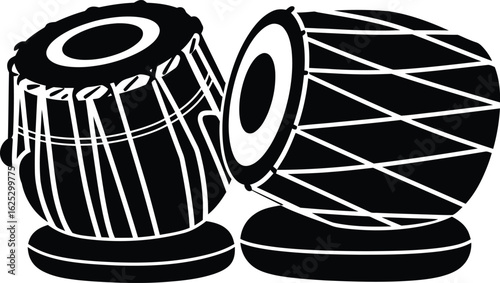 Solid black silhouette of a pair of tabla drums, flat vector, white background, isolated shape