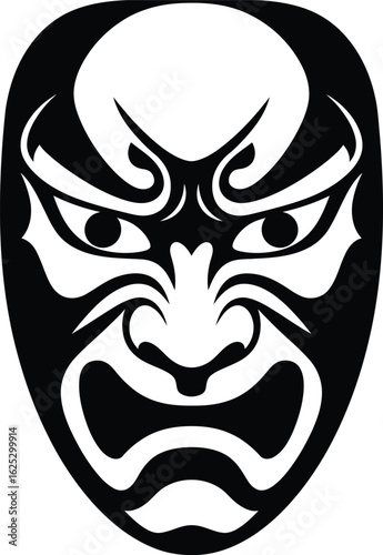 Solid black silhouette of a traditional Japanese kabuki mask, frontal view, white background, flat vector
