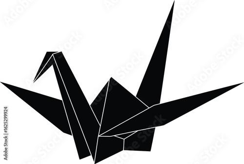 Solid black silhouette of an origami paper crane, flat 2D vector, white background, isolated 