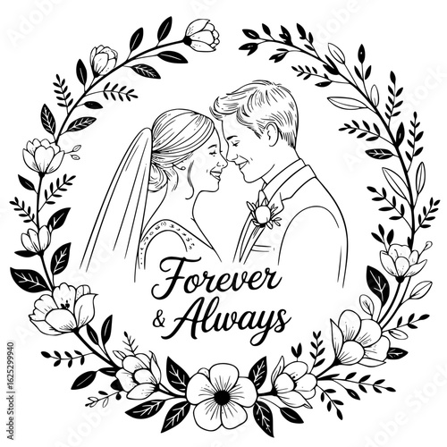 Eternal Vows: Artistic depiction of a tender moment between a couple, framed by a floral wreath, encapsulates the enduring nature of love, and the promise of forever.