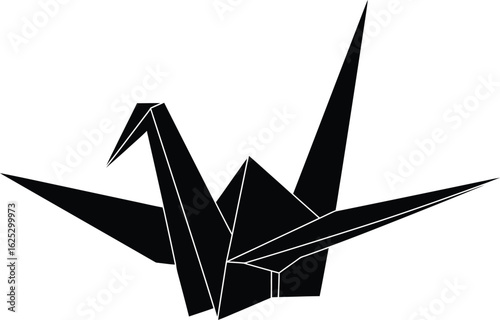 Solid black silhouette of an origami paper crane, flat 2D vector, white background, isolated 