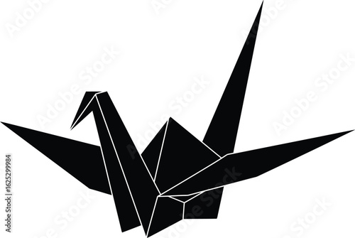 Solid black silhouette of an origami paper crane, flat 2D vector, white background, isolated 