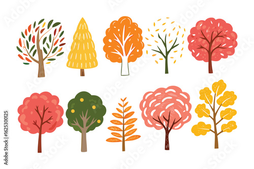Arboreal Array: A vibrant collection of illustrated trees, each adorned with unique foliage and distinctive shapes, creating a charming illustration. 