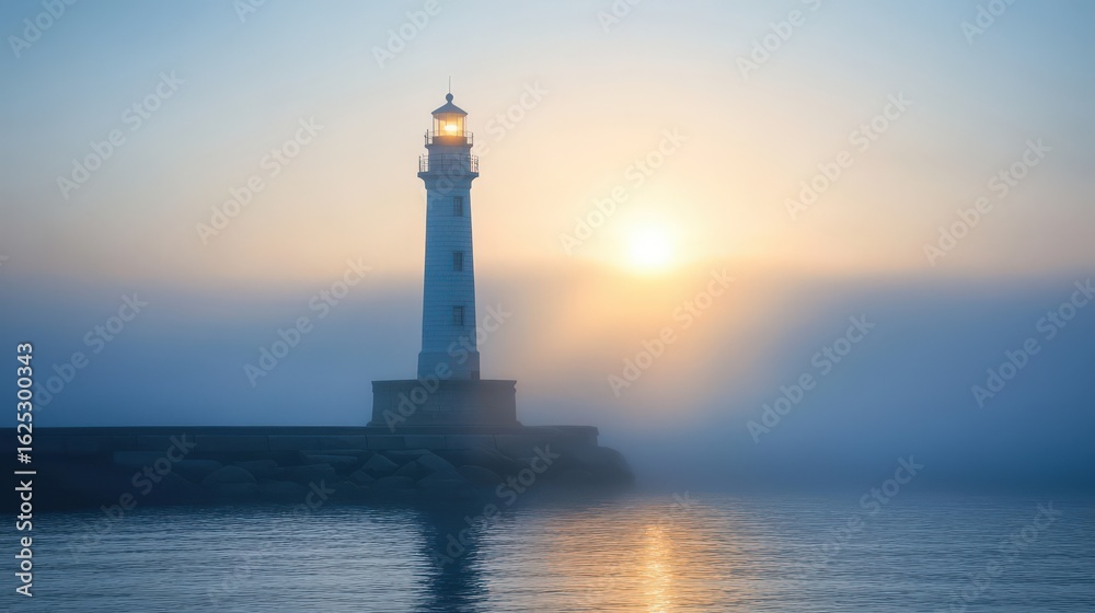 Lighthouse standing tall against a misty sunrise. Lighthouse standing tall against a misty sunrise.