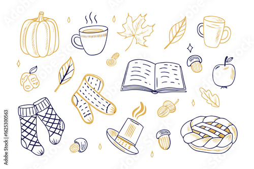 Cozy Autumn Elements: A collection of inviting illustrations captures the essence of autumn, featuring a warm cup of coffee, a pumpkin, and an open book alongside other cozy essentials.