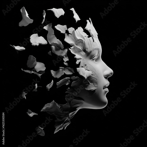 3D model of a face in profile, broken into pieces and flying away from each other instead of shards coffee beans fly apart, on a white background, style, in halftones, rounded organic shapes.