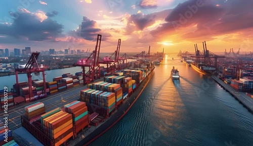 Wallpaper Mural Industrial port scene showcasing cargo containers under a radiant sunset atmosphere. Torontodigital.ca