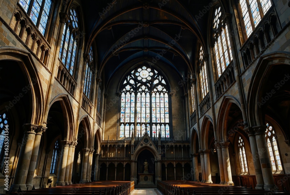 The interior of a grand cathedral bathed in sunlight through stained glass windows, showcasing intricate Gothic architecture with arched ceilings and pillars The interior of a grand cathedral bathed in sunlight through stained glass windows, showcasing intricate Gothic architecture with arched ceilings and pillars