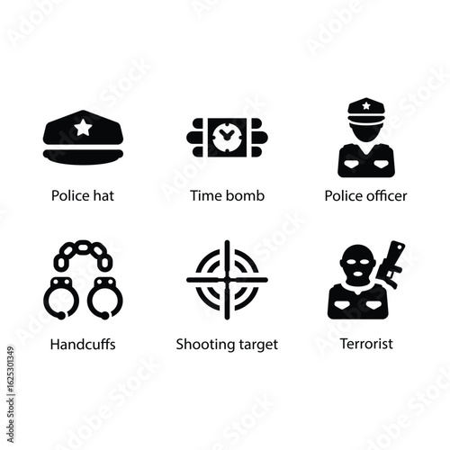 Police hat, Time bomb, Police officer, Handcuffs, Shooting target, Terrorist, icon
