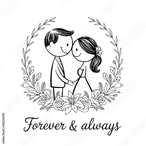 Love's Eternal Promise: A charming illustration capturing a bride and groom, hand in hand, framed by a floral wreath, with a timeless declaration of Forever & Always. 