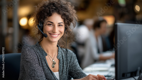 Customer Service Rep Assisting in a Call Center with Warm Lighting
